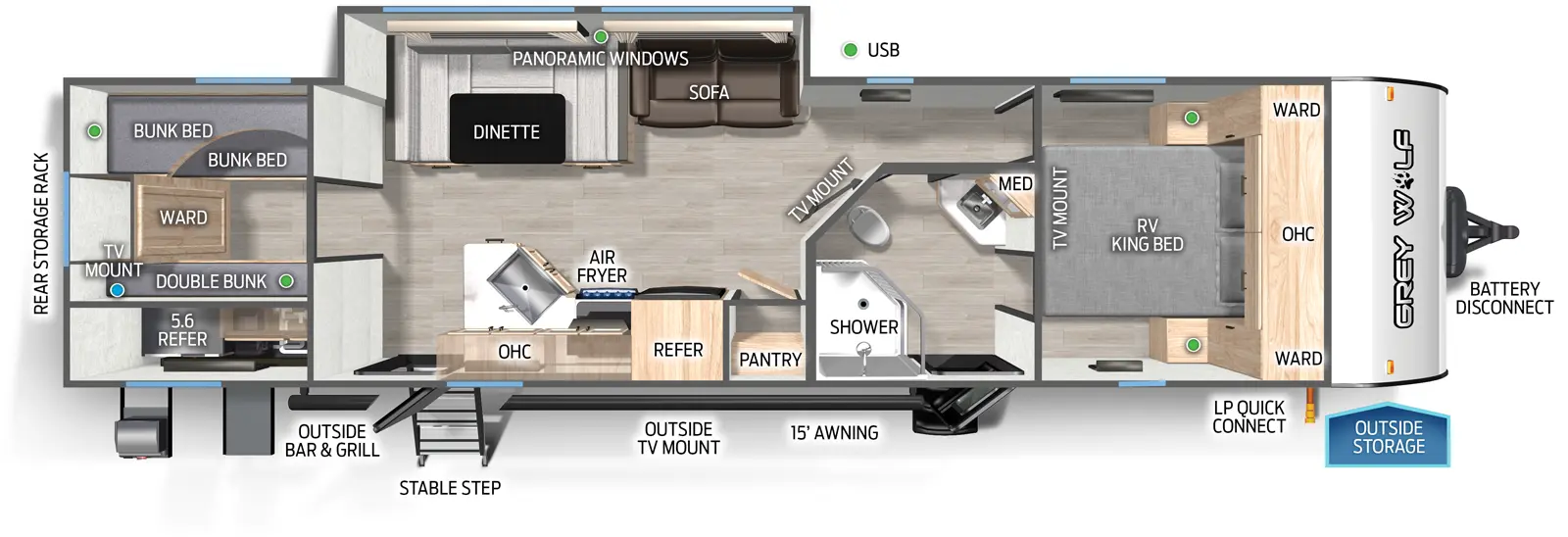 The Grey Wolf 29TE floorplan has two entries and one slide out. Exterior features include: metal exterior, 15' awning and outside kitchen. Interiors features include: bunk beds, u-dinette and front bedroom.